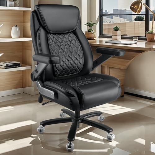Indulgear Heavy Duty Office Chair 600LBS Black Large Executive Desk Chair with 5D Flip Arms & Lumbar Support