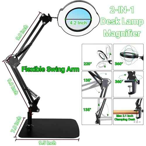15X Magnifying Glass with Light and Stand, 5 Color Modes 10 Levels Adjustable Brightness, 2-in-1 Desk Lamp with Clamp, Hands Free LED Light Magnifier for Craft Hobby Reading Repair Close Works