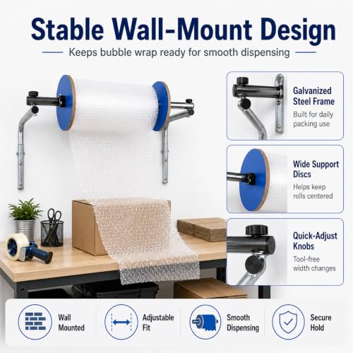 Wall Mount Bubble Wrap Dispenser for 15.75-inch Rolls - Heavy-Duty Steel & Adjustable Side Baffles