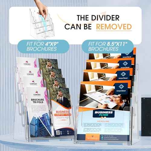 MaxGear Acrylic Brochure Holder 8.5 x 11 inch, 4 Tier Clear Literature Organizer Magazine Stand Display with Removable Divider for 4 x 9 inch Brochures, Pamphlet, Wall Mount or Countertop, 1 Pack