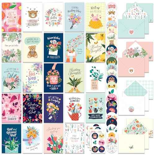 Decorably 24 Pack 4x6in Assorted Get Well Cards Assortment Box with Envelopes and Stickers, 24 Unique Floral Designs Get Well Cards with Envelopes, with Printed Message Inside