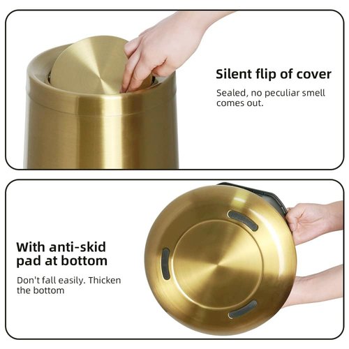 YOJIA 2.6Gal/10 L Gold Brushed Stainless Steel Trash Can with Swing Cover, Bathroom Trash Can with Lid, Garbage Can for Bathroom, Bedroom, Office, Hotel, Rest Room, RV (Gold)