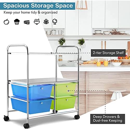 Hysache Rolling Storage Cart, Utility Organizer Cart w/ 4 Drawer 2 Shelves Trolley, Metal Frame, Plastic Storage Drawers on Wheels for School Office Home, Multifunction Organizer (Green)
