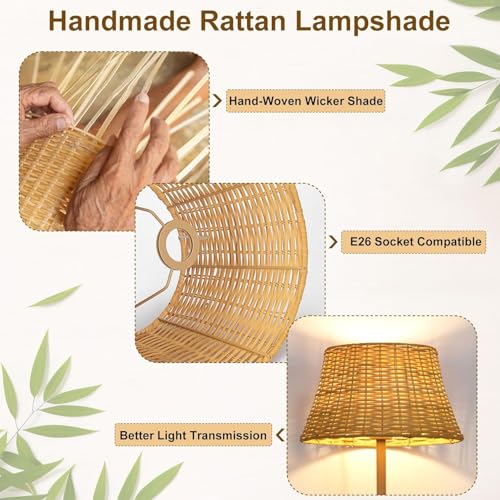 Upgraded:Boho Floor Lamps for Living Room, Rattan Floor Lamp with Woven Wicker Lampshade, 62 inches Mid Century Modern Standing Light, Farmhouse Rustic Coastal Lamp for Bedroom Office,Easy Foot Switch