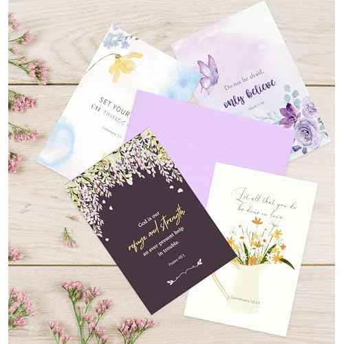 24 Pack Floral Christian Thinking of You Cards with Self-adhesive Envelopes, 4"x6" Boxed Blessing Religious Note Cards with Sentiments Inside, 24 Bible Verses, 24 Designs