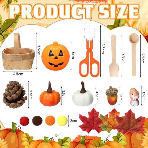320 Pcs Fine Motor Toys Fall Thanksgiving Decorations, Sensory Bin Filler, Pumpkin Bowls, Woven Baskets, Pompom, Maple Leaves, Squirrels, Pumpkins, Acorns, Pine Cones for Autumn Party Decor
