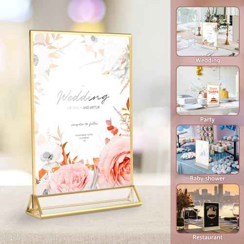 18 Pack Acrylic Sign Holder, 5x7 Inch Double-Side Gold Picture Frames Stands for Display, Vertical Table Top Sign Holders for Wedding, Party, Offices, Table Numbers, Home