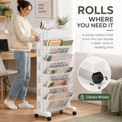 6-Tier Rolling Book Cart with Wheels – Narrow Plastic Bookshelf