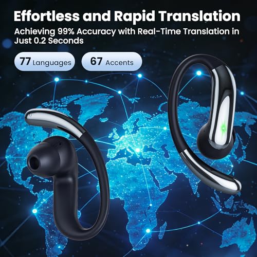 RichEast Black AI Translation Earbuds 50H Playtime Real-Time Translator for Travel & Business