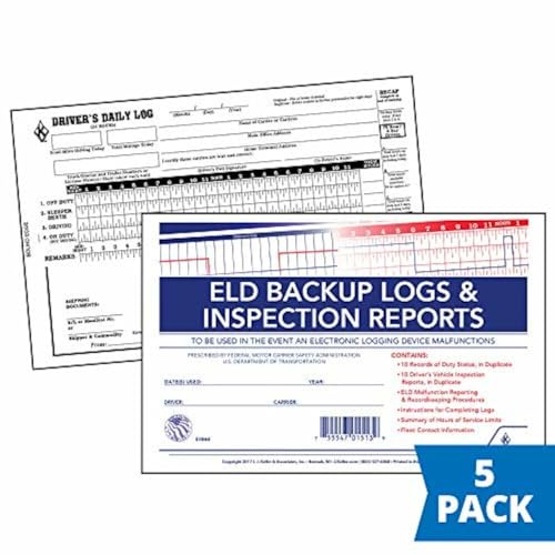 J. J. Keller 5-Pack ELD Backup Driver Log Books with DVIR & Daily Recap, 2-Ply Carbonless, 8.5 x 5.5, 10 Sets per Book