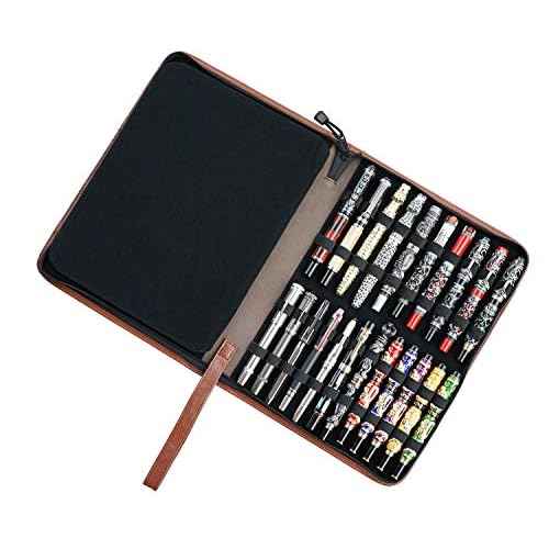 Real Leather Pen Case for Fountain Pen/Rollerball Pen, Genuine Cowhide Holder Pouch Bag for 46 Pens, Fit in Various Size Large Capacity Office Business Gift - Brown