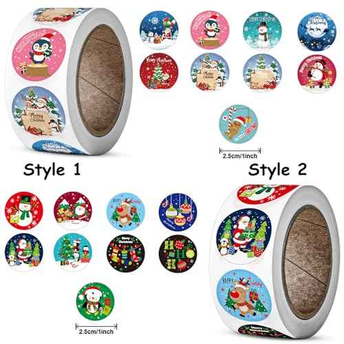 1000 Pcs Christmas Stickers Roll - 1 Inch Self Adhesive Envelope & Round Stickers for Xmas Party Supplies, Holiday Greetings