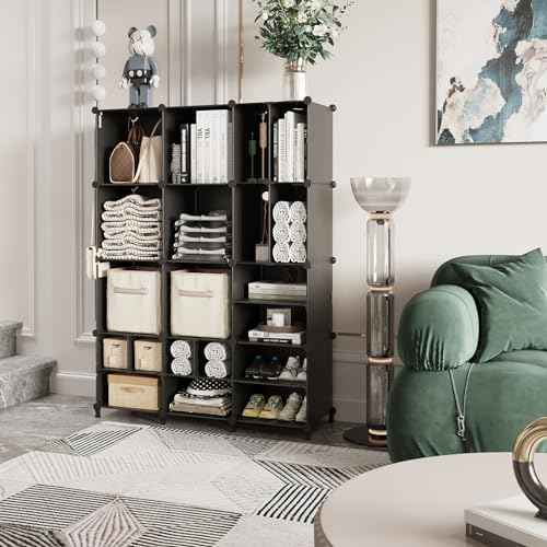 AWTATOS Cube Storage Closet Organizer Storage 12 Cube Shelves, Large and Small Cubes, DIY Portable Closet Clothes Storage Shelfs for Home, Bedroom, Black