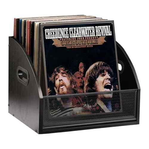 Vinyl Record Storage Holder, Wooden Record Crate for LP Albums, Magazine Rack and Book Holder for Desktop, Home Office, Shelf Organizer with Handles, Holds 70+ Records, Files, Books, Black