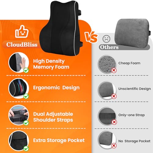 CloudBliss Lumbar Support Pillow for Office Chair - Black, Large Memory Foam