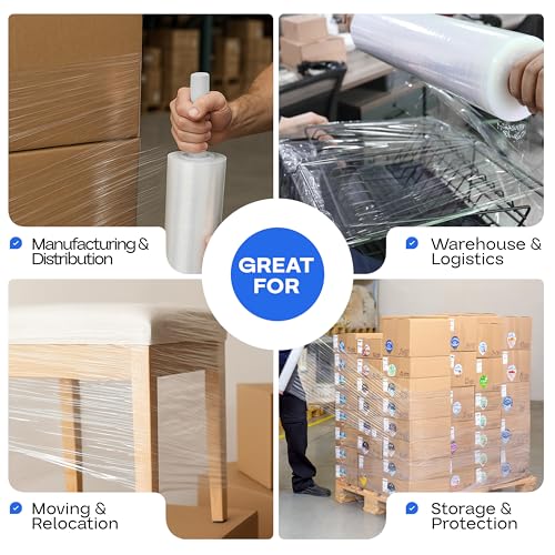 IDL Packaging 20" x 1000' Hand Stretch Wrap Roll of 80 Gauge with Extended Cardboard Handles (1 Roll) - Extra Sticky Clear Plastic Wrap Film - Pallet Wrap Stretch Film for Packing, Shipping & Moving