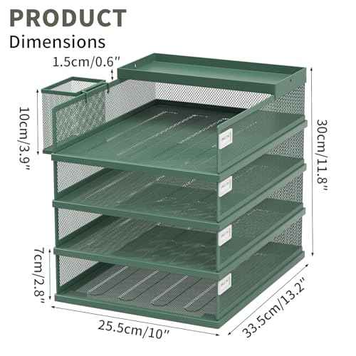 Stackable Letter Trays, 4 Tier Metal Paper Tray & Desk Organizer, Stackable File Trays for Office & Home, Multi-Functional Document Tray with Fine Grid Design & Magnetic Labels,Green