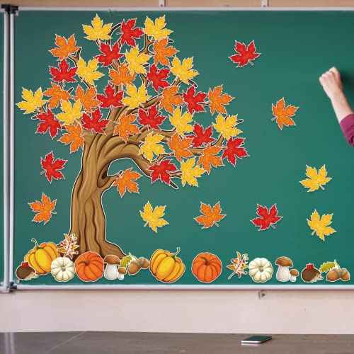 4Ft Big Tree Bulletin Board Set Spring Fall Summer Tree Bulletin Board Decoration with Maple Leaves Butterflies Pumpkins Cutouts for Classroom Home Chalkboard Wall Decoration, 74Pcs (Maple Leaves)