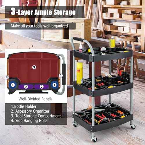 Goplus 3-Tier Rolling Cart, Mobile Tool Cart with Built-in Organizer Divider, Universal Lockable Wheels, Sponged Handle, Utility Cart for Home Garage Workshop (23.5" x 18" x 42")