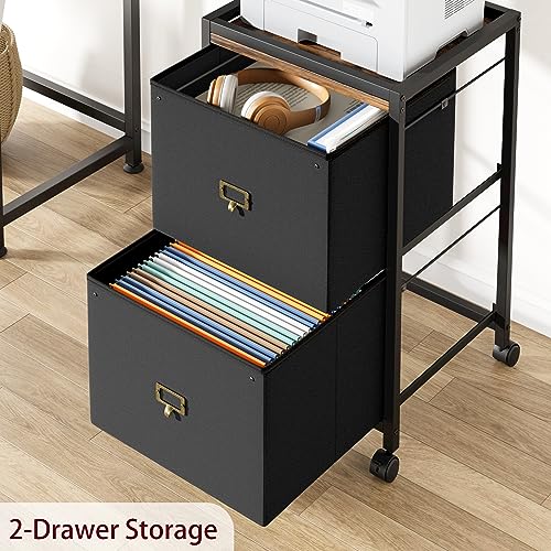 IDEALHOUSE 2 Drawer File Cabinet, Mobile Filing Cabinet for Home Office Fits A4 or Letter Size, Fabric Vertical File Cabinet with Wheels, Home Office Small Under Desk Storage Cabinet, Rustic Black
