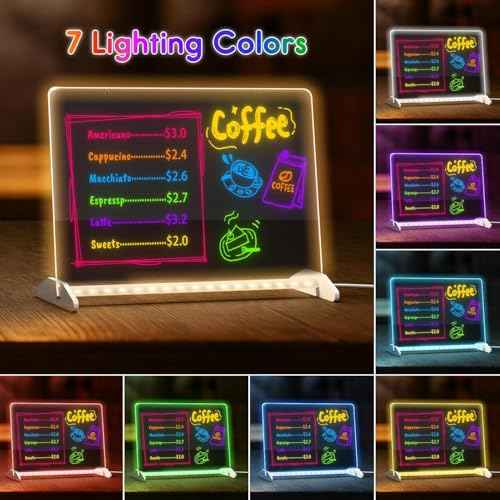 LED Note Board with 7 Colors, 11.8"x7.9" Acrylic Dry Erase Board with Light, 4 Modes Led Drawing Writing Board for Kids with 7 Marker Pen, Light up Message Board with Stand, Glow Rewritable Memo Board