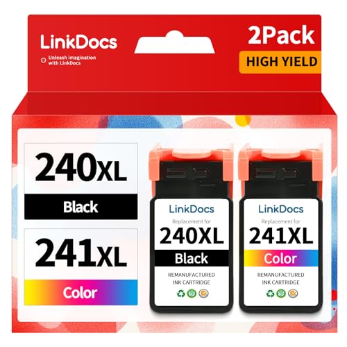 LinkDocs 240XL 241XL Remanufactured Ink Cartridges Replacement for Canon PG-240XL CL-241XL 240 XXL 241 XL Work for MG3620 MG3600 MG3220 MG3222 MG2120 TS5120 MX472 Printer (2 Pack, Black & Tri-Color)