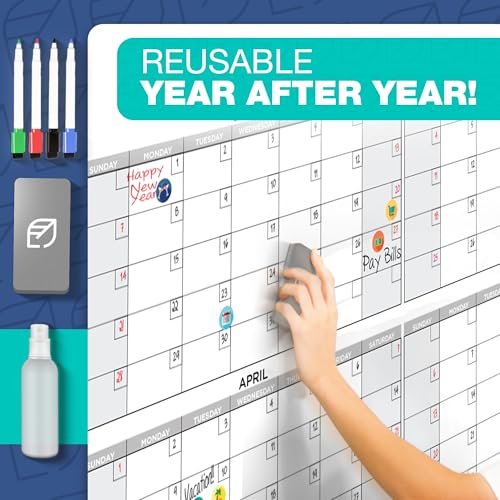 Large Dry Erase Calendar for Wall, 38" x 58" - Undated, Yearly, Reusable - Full 12 Month Year - Includes Markers, Eraser & Accessories