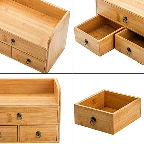 Nicunom Bamboo Desk Organizer, 3-Tier Bamboo Tabletop Storage Organization Multifunctional Desktop Organizer with Drawers for Home Office Toiletries Supplies Vanity
