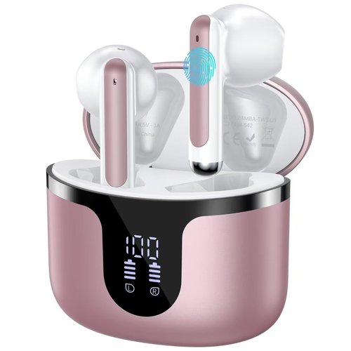 Wireless Earbuds Bluetooth Headphones 5.3 Stereo 50 Hour Playback Ear Buds with LED Display and with 4 ENC Noise Cancelling Mic Wireless Earphones, for Phone, Tablet, Laptop, Sports, Rose Gold