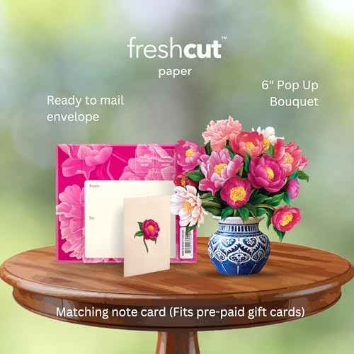 Freshcut Paper Pop Up Cards, Mini Peony Paradise, 6 Inch Mini Sized Forever Flower Bouquet 3D Popup Greeting Cards, Birthday Cards, Thank You Card, Blank Notecard & Envelope
