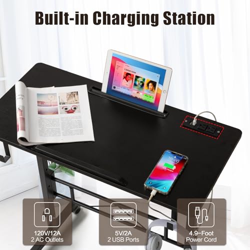 SIDUCAL Standing Desk Height Adjustable with Tiltable Tabletop, Rolling Laptop Desk with Charging Station, Sit Stand Portable Stand Up Desk with Wheels, Black