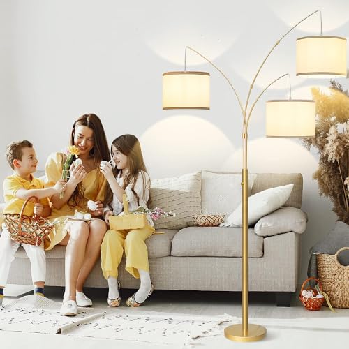 3 Lights Arc Floor Lamps for Living Room,Gold Modern Tall Standing Lamp Hanging Over The Couch with Shades & Heavy Base,Mid Century Black Tree Floor Lamp for Bedroom Office