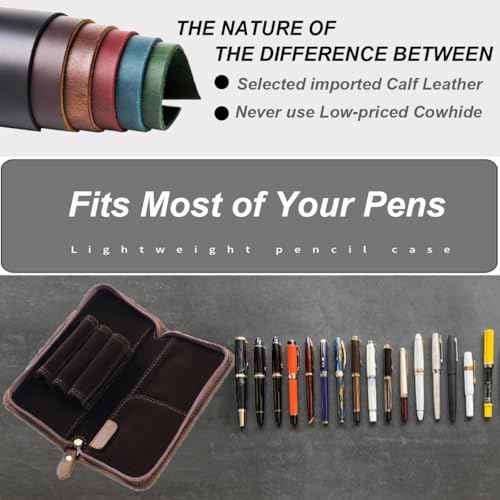 EURYNOME Leather Fountain Pen Holder,Leather Pencil Case Shockproof 3 Divided Slots,Portable Storage Bag for Invoice/Receipt/Cards/Coupon/Tickets