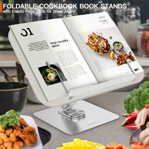 Book Stand for Reading, 360¡Æ Rotate & Multi Heights Adjustable Book Holder,Foldable Cookbook Book Stands with Elastic Page Clips for Sheet Music, Recipe, Laptop, Textbook (Light Wood)