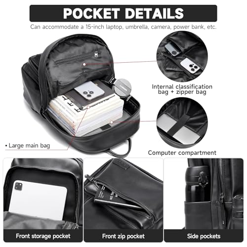 Laptop Backpack For Men Women Waterproof 15 Inch Pu Leather Black Casual Backapck For Work Business Travel College