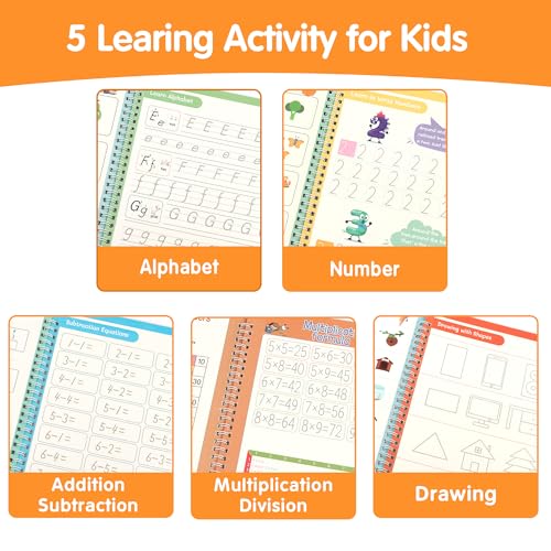 Kids Reusable Handwriting Practice Book Set with Magic Ink, Grooved Tracing Sheets & Refills