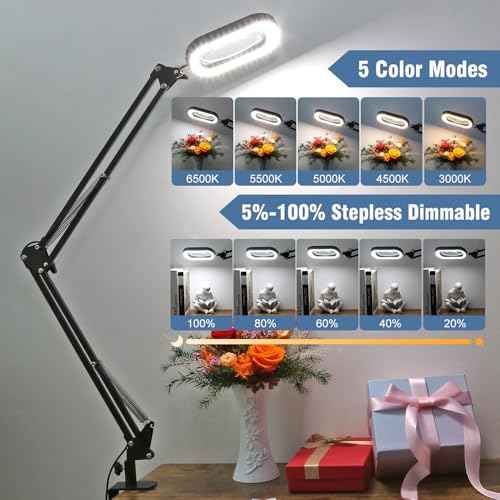10X Rectangle Magnifying Glass with Light and Clamp, 2*16 Inch Large Swivel Arm LED Desk Lamp, 5 Color Modes Brightness Steepless Dimming, Hands Free Lighted Magnifier Stand for Craft Reading Painting