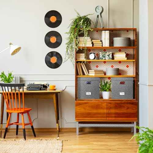 Vinyl Record Storage Box Set of 2 - for 100+ Single LPs (12-Inch), Stackable Albums Linen Crate with Lid, Play Music Collection Holder, Document File Folder Cabinet Organizer Case with Handle
