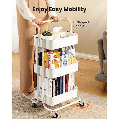 Pipishell 3 Tier Mesh Utility Cart, Rolling Metal Organization Cart with Handle and Lockable Wheels, Multifunctional Storage Shelves for Kitchen Living Room Office White