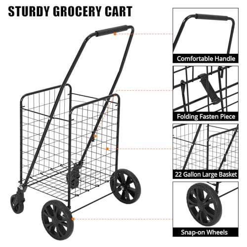 Utility Cart with Wheels to Be Used for Shopping, Grocery, Luggage, Picnic, Folding Shopping Cart with 22 Gallon Large Basket, 360¡Æ Swivel Wheels, 110 LBS Large Capacity, Black