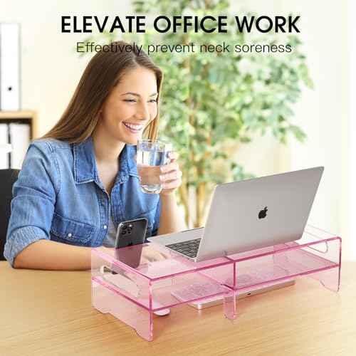 Pink Acrylic Monitor Stand Riser, 2-Tier computer stand with Storage, clear monitor stand for desk Suitable for laptops, printers, TV£¬desk organization With phone holder