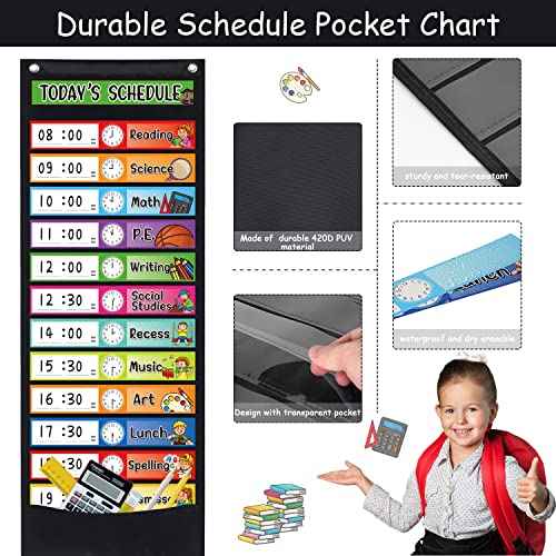 Daily Schedule Pocket Chart Kit,40 Bright Attractive Double-Sided Reusable Erasable Cards,1 Title Card,13+1 Scheduling Pocket Chart with 2 Hangers for Classroom Office Home Preschool Learning (Black)