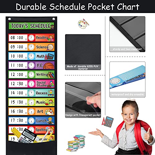 Black Daily Schedule Pocket Chart Kit with 40 Erasable Cards for Classroom & Home