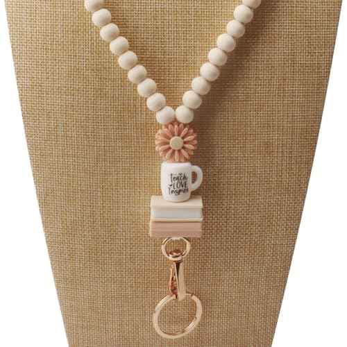 Teacher Lanyard with ID Holder, Fashion Wood Beaded Lanyard for Keys, Super Cute Boho Breakaway Lanyard for Women, 19.5