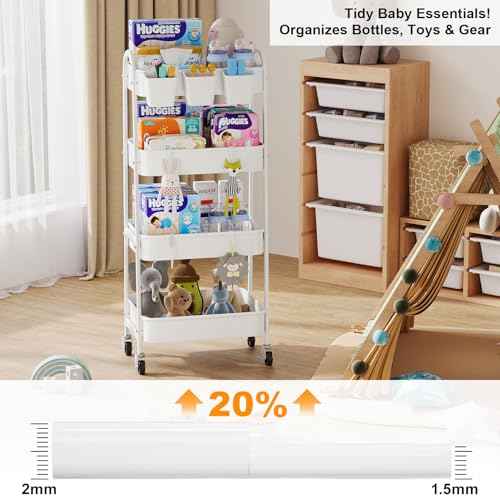 4 Tier Heavy Duty White Metal Rolling Cart with Lockable Wheels,Utility Storage Organizer Carts, Four Tier Roller Book Snack Cart for Kitchen, Bathroom, Garage, Baby Diaper, Craft, Art, Teacher