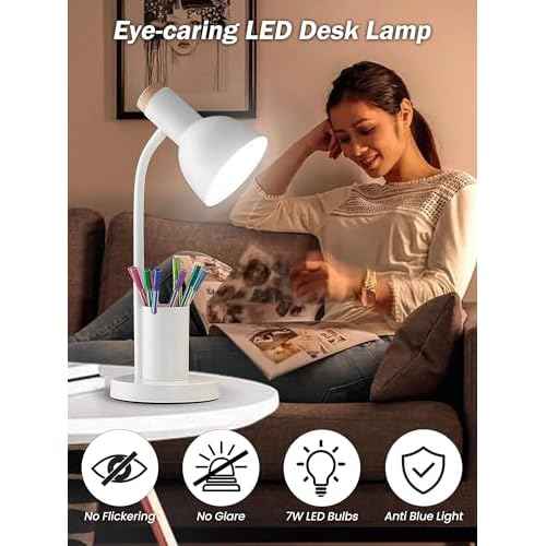 LED Desk Lamp with Pen Holder, Eye-Caring Desk Light 3 Color Modes Reading Light Flexible Gooseneck Metal Study Lamp, Cute Table Lamps for Home Office Bedside Dorm(White lamp)