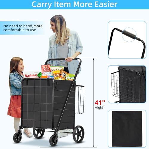 HABUTWAY Grocery Cart on Wheels with Removable Liner, Folding Shopping Cart,Heavy Duty Shopping Carts for Groceries,360¡Æ Rolling Laundry Cart,Lightweight Trolley for Seniors 220lb Capacity Black