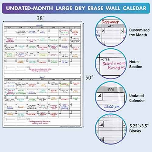 Dry Erase Two Month Laminated jumbo Wall Calendar, 38" x 50", Huge bimonthly Vertical Laminated Erasable White Board, Giant 60 day Family Whiteboard Schedule Planner, Large Multi Month Reusable Poster