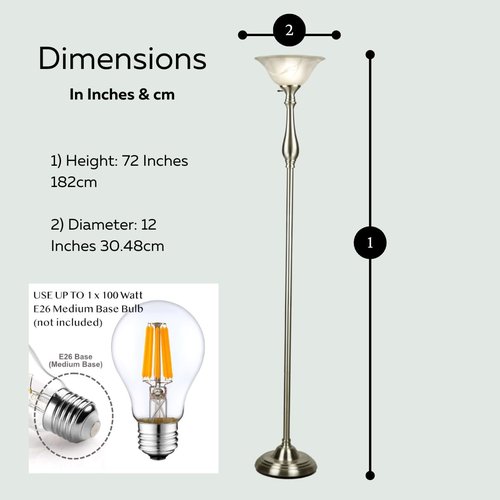 LIGHTACCENTS Floor Lamp, 72-Inch Standing Lamp with Brushed Nickel Finish and White Alabaster Glass Shade – Torchiere Pole Lamp for Living Room, Bedroom, or Corner Lighting
