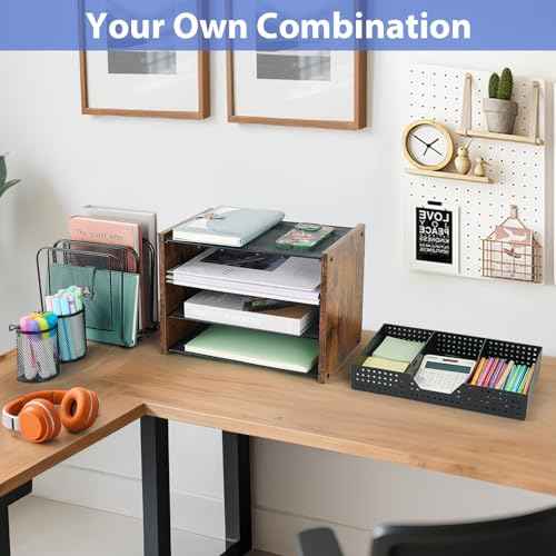 AUPSEN Desk Organizer Shelf, 4-Tier Mesh Wood Desktop Bookshelf File Organizer with 5 Vertical File Holders, Storage Drawer & 2 Pen Holders, Office Supplies Storage for Workspace Organizers